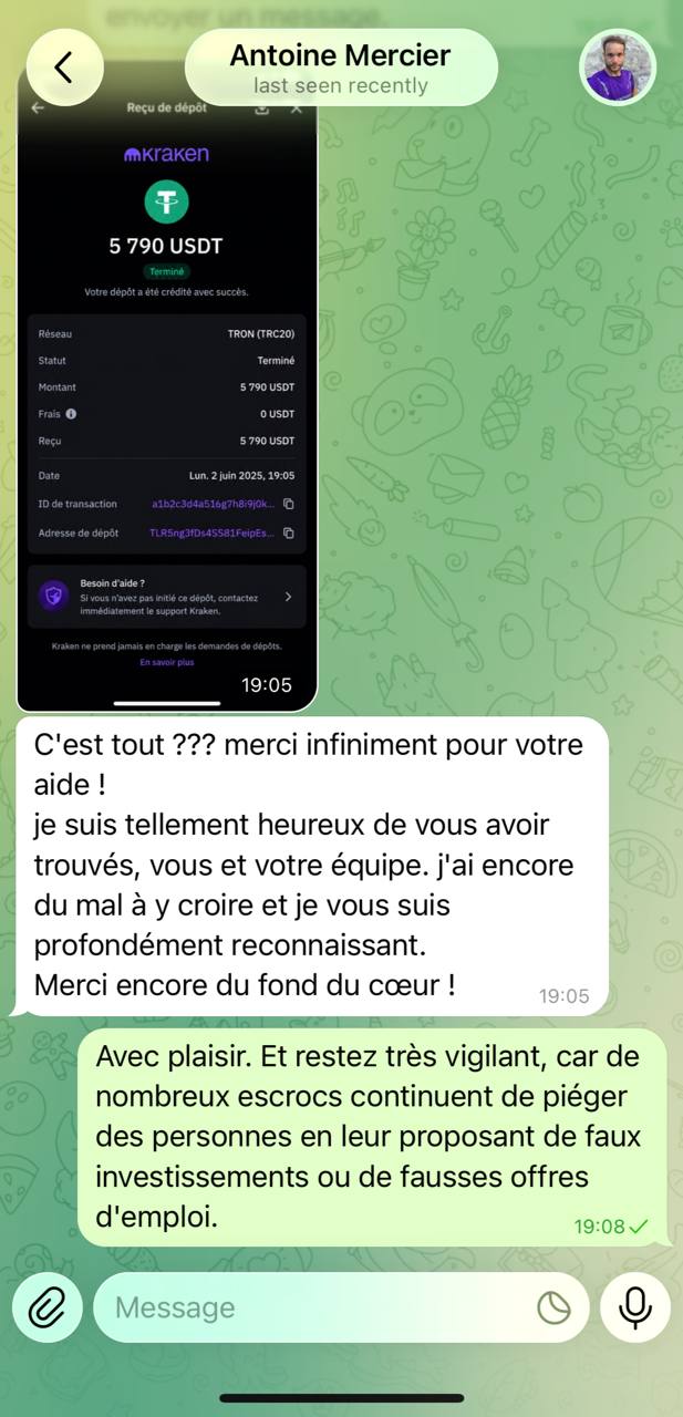Conversation avec Antoine Mercier confirmant une récupération de 5 790 USDT