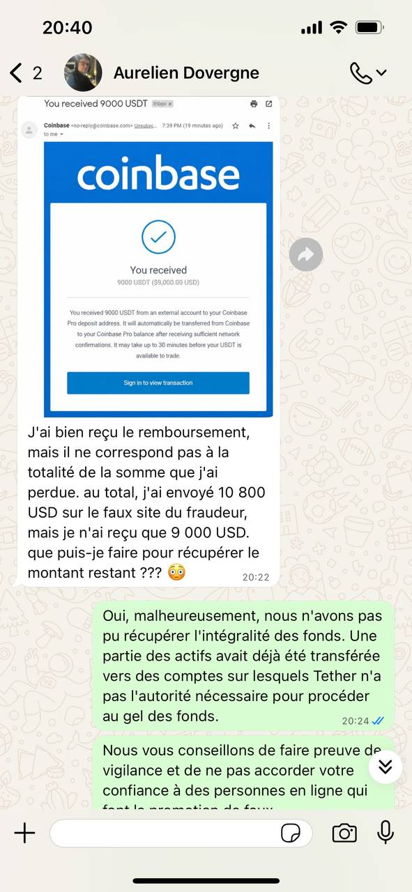Conversation avec Olivier confirmant une récupération de 11 600 USDT