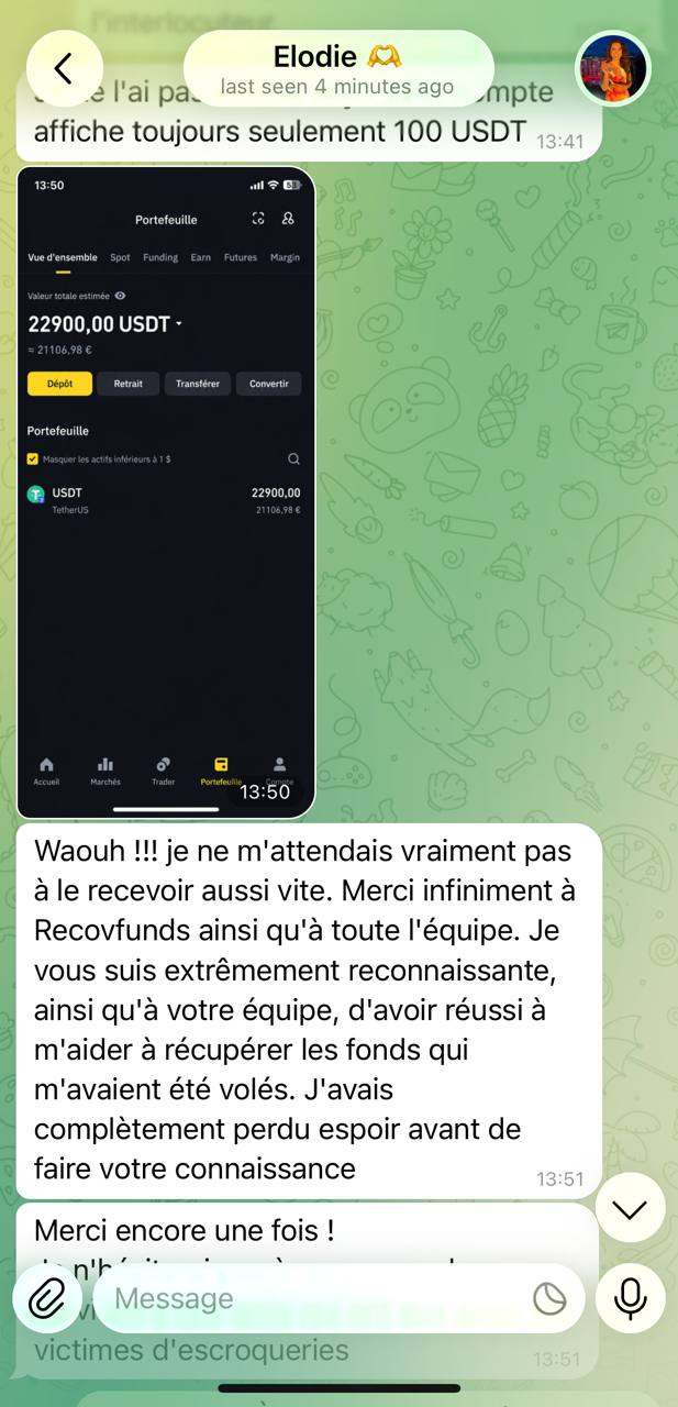 Conversation avec Elodie confirmant une récupération de 22 900 USDT